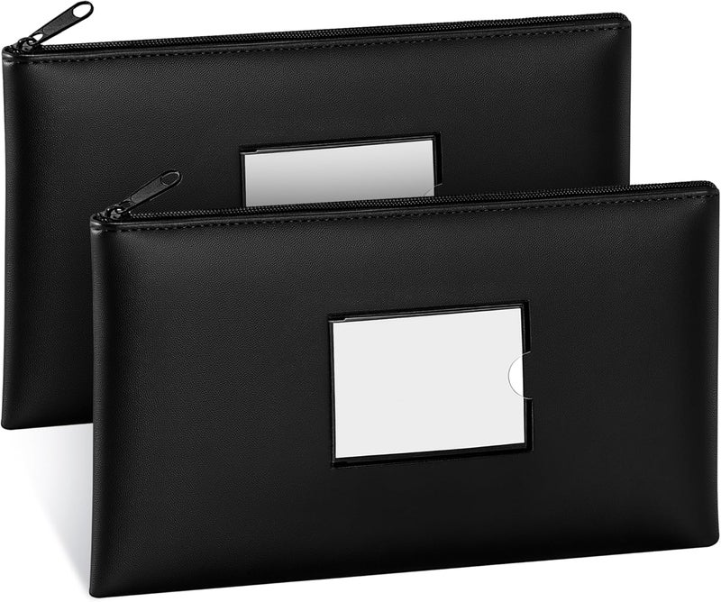 SMARTAKE Money Bags with Zipper, 2-Pack Bank Bags with Label, Waterproof Leather Money Pouches, for Cash Coin Bill Invoice Deposit Receipt Storage and Organize, 11.5 x 6.2 Inches (Black) - Image 1